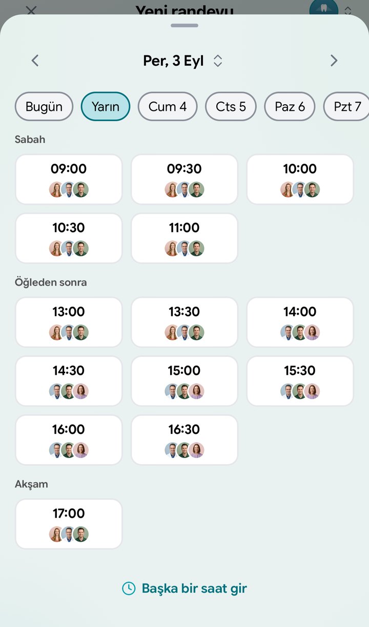 Gün ve uygun saatler; her saatin altında o saatte müsait olan personel